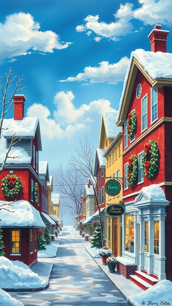 A festive painting of Berry Avenue during Christmas, featuring decorated houses, snow, and holiday lights.